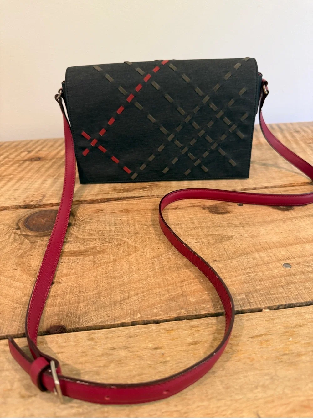 Burberry London Vintage Black Crossbody Bag with Red Accent Strap